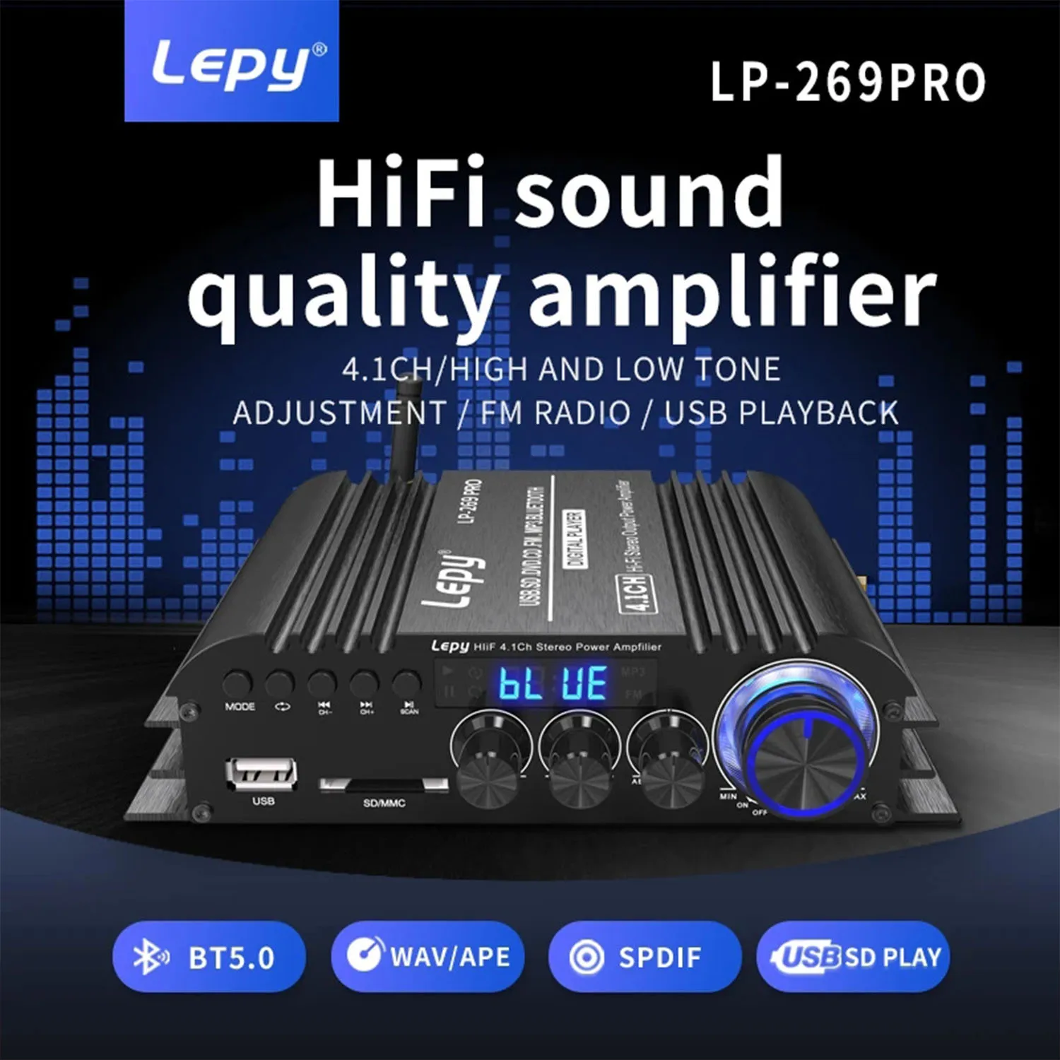 

269PRO 4.1 Channel Amplifier Bluetooth 5.0 Coaxial In USB SD FM Function Subwoofer Output Home Theater Amplificador USB COA