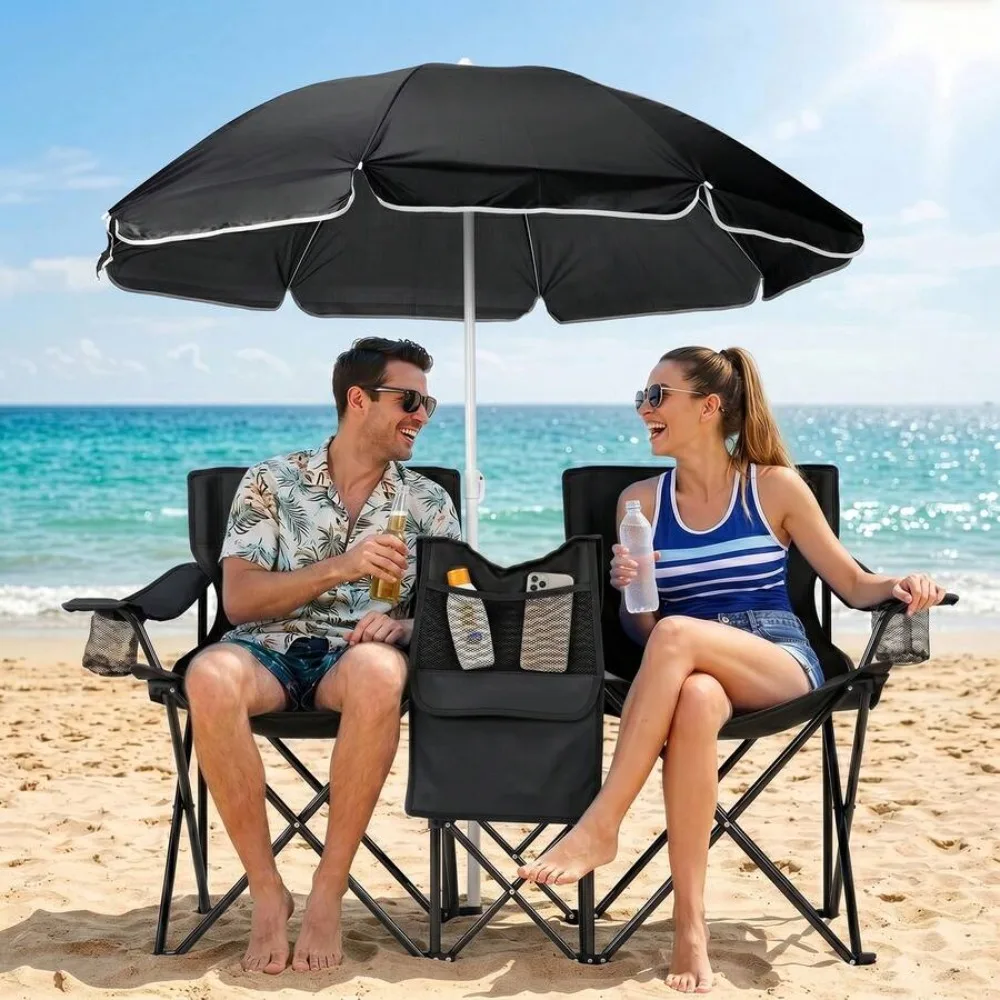 XL Double Folding Fishing Chair with Umbrella and Cooler Bag, Portable Heavy Duty Outdoor Loveseat for 2 Adults 480 Lbs, Cup Holders Storage Pockets Adjustable Shade Canopy, Lightweight Collapsible Camping Chair for Beach Lake Fishing Picnic Sports Events