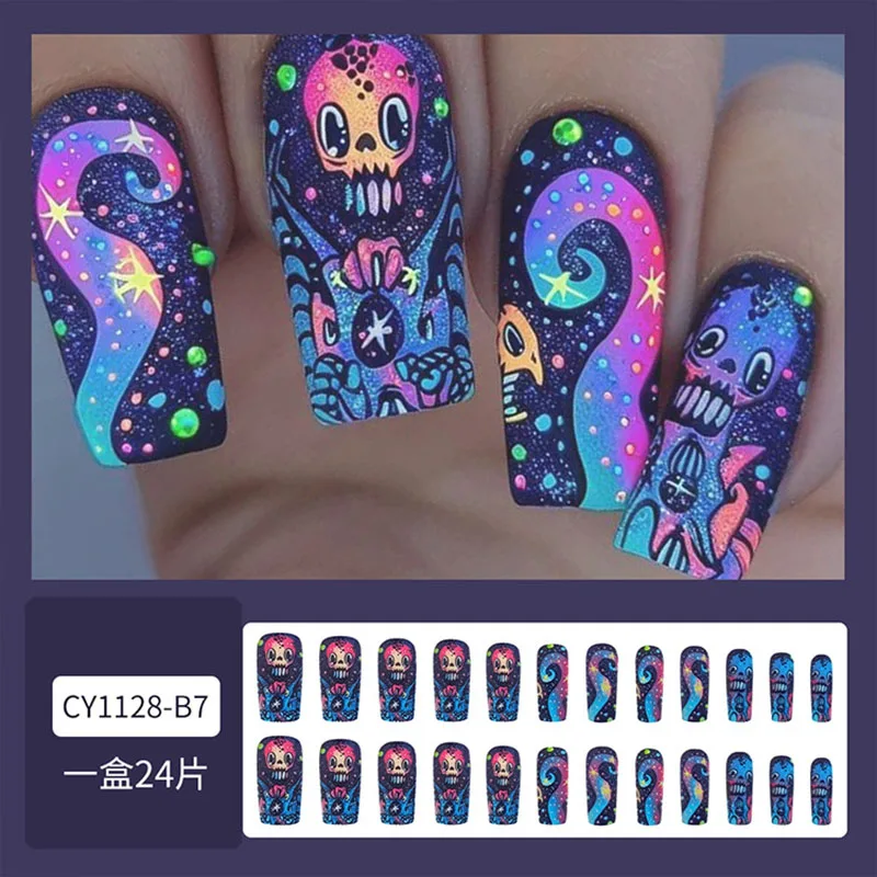 

24Pcs Long Square Press on Nails - Halloween Design with Colorful Funny Skulls, Gold Stars, Polka Dots and Octopus Tentacles