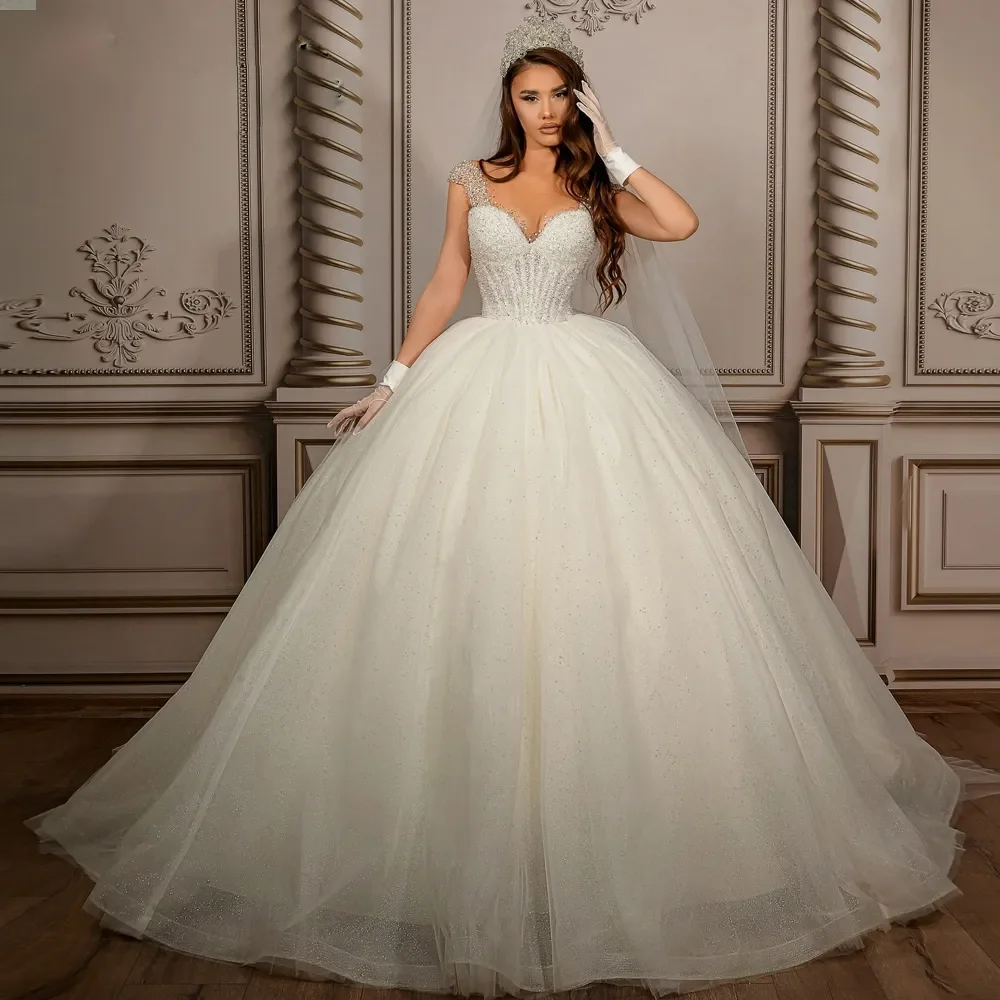 Gaun pengantin elegan Vintage gaun pesta dansa 2024 V Leher manik payet gaun pengantin topi lengan Tulle rok mengembang vestidos de mariage