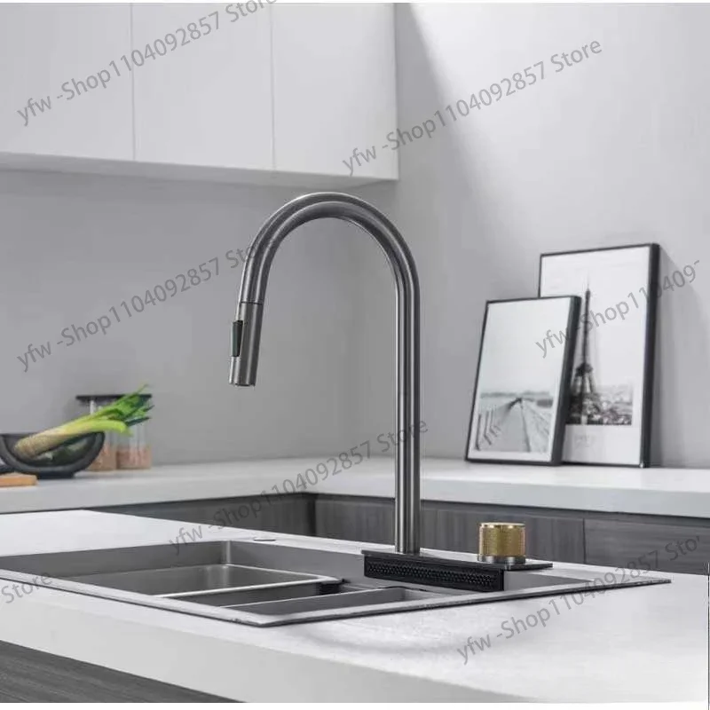 Pull Out Kitchen Faucet Brass Brushed Grey Color Water Tap