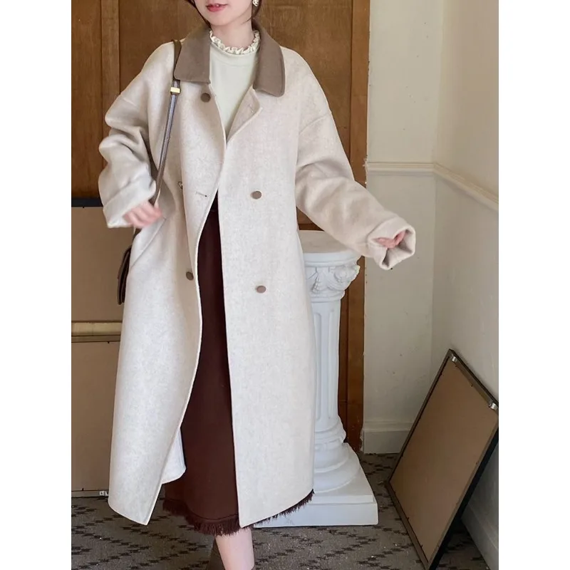 High-end Woolen Coat for Women in Winter 2024 Korean Style Loose Mid-length Spliced Contrasting Colors Over-the-knee Coats