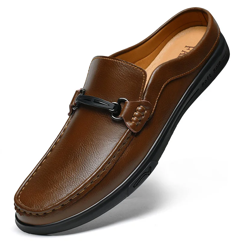 Large Size 46 47 Mules Men Open Back Casual Shoes Leather Backless Loafers Slippers Half Shoes Slip On Flats Slides Sandals