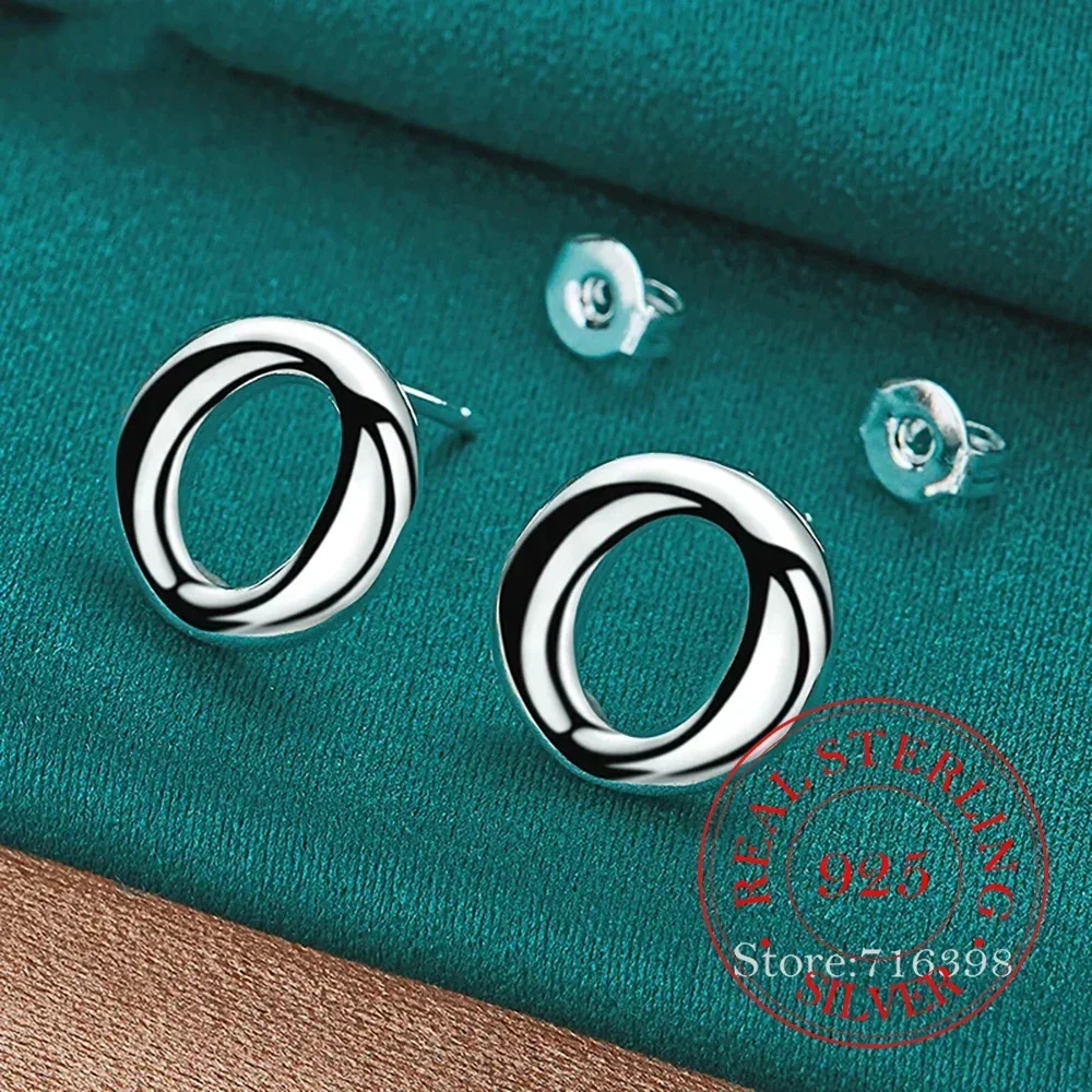 

925 Sterling Silver Round O Stud Earrings For Woman Fashion Charm Wedding Engagement Party Jewelry