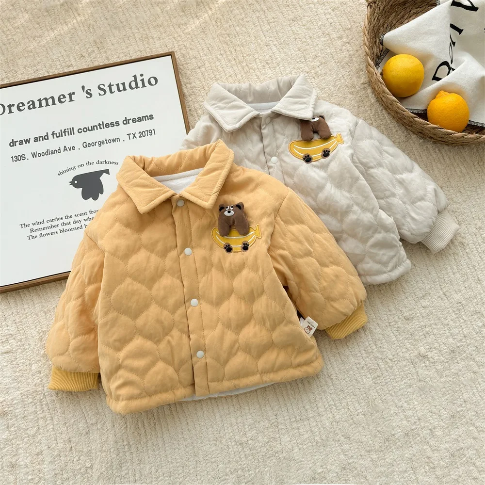 2024 Winter Ins Korean Toddler Boys Parkas Cotton Quilted Thickened Cartoon Bear Solid Baby Boys Coat Infant Boys Jacket