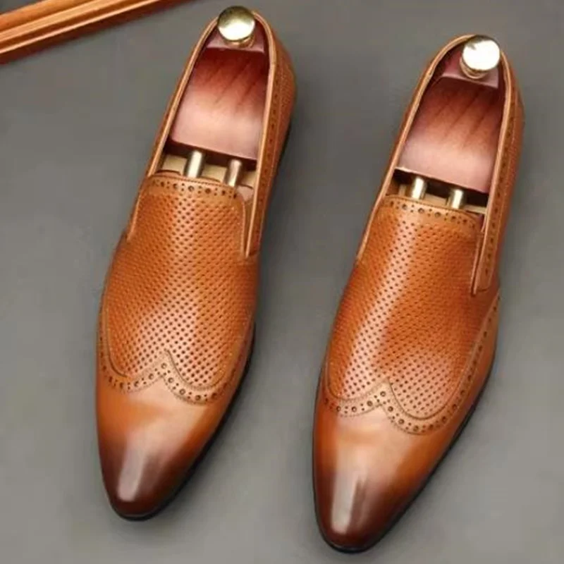Summer New Style Two-piece Joint Hollow-out Breathable Slip-on Men's Leather Shoes Genuine Leather Pointed Toe Dress Loafers Man