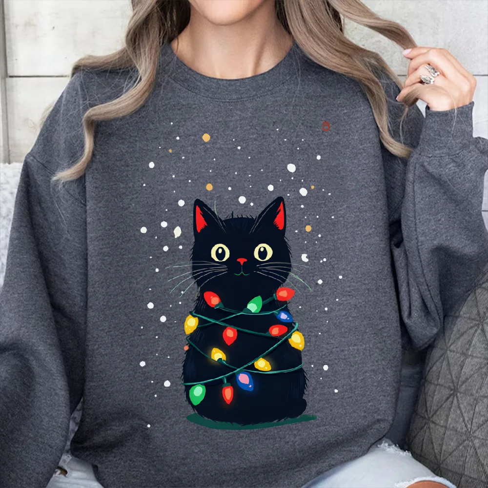 

Festive Graphic Sweatshirt Black Cat Wrapped in String Lights Print Playful Sweatshirt Y2k Style Holiday Themed Casual Clothes