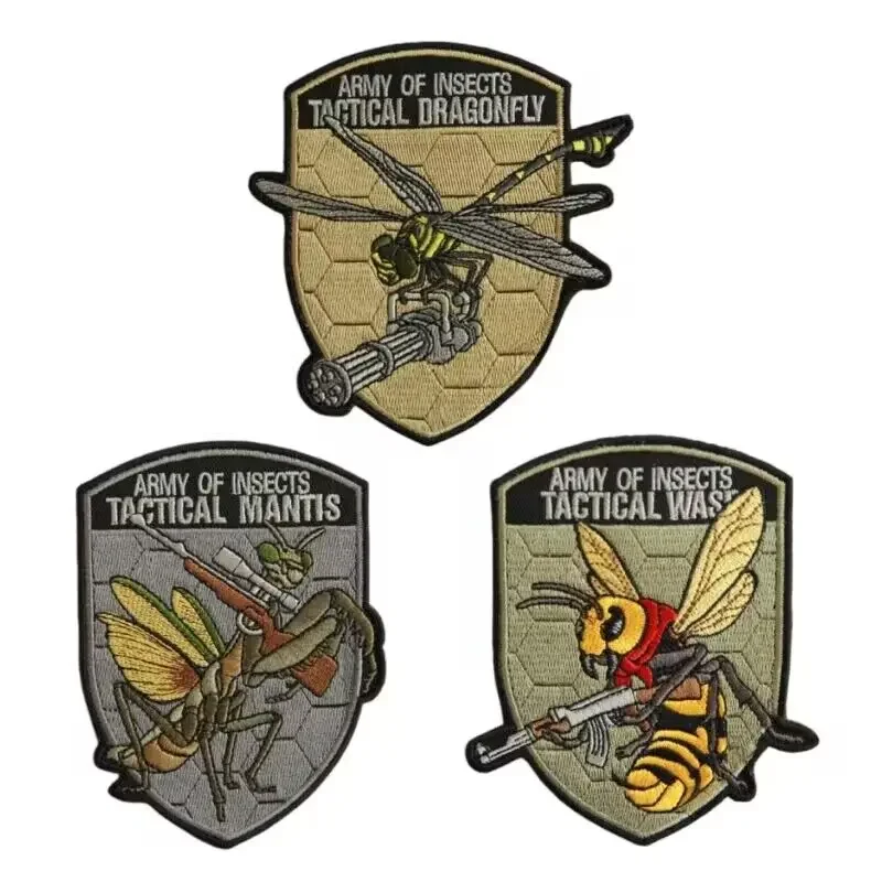 Tactical Insect Bee Mantis Dragonfly Embroidery Hook&Loop Patches Outdoor Morale Badge DIY Applique for Clothes Backpack Sticker