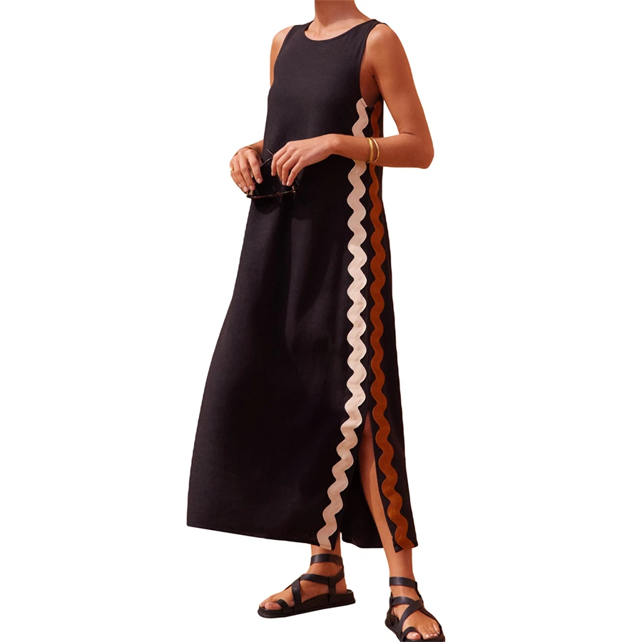 

Women's Sleeveless Tank Dress Side Ric Rac Split Round Neck Loose Casual Long Dress for Summer Beach Vacation Streetwear