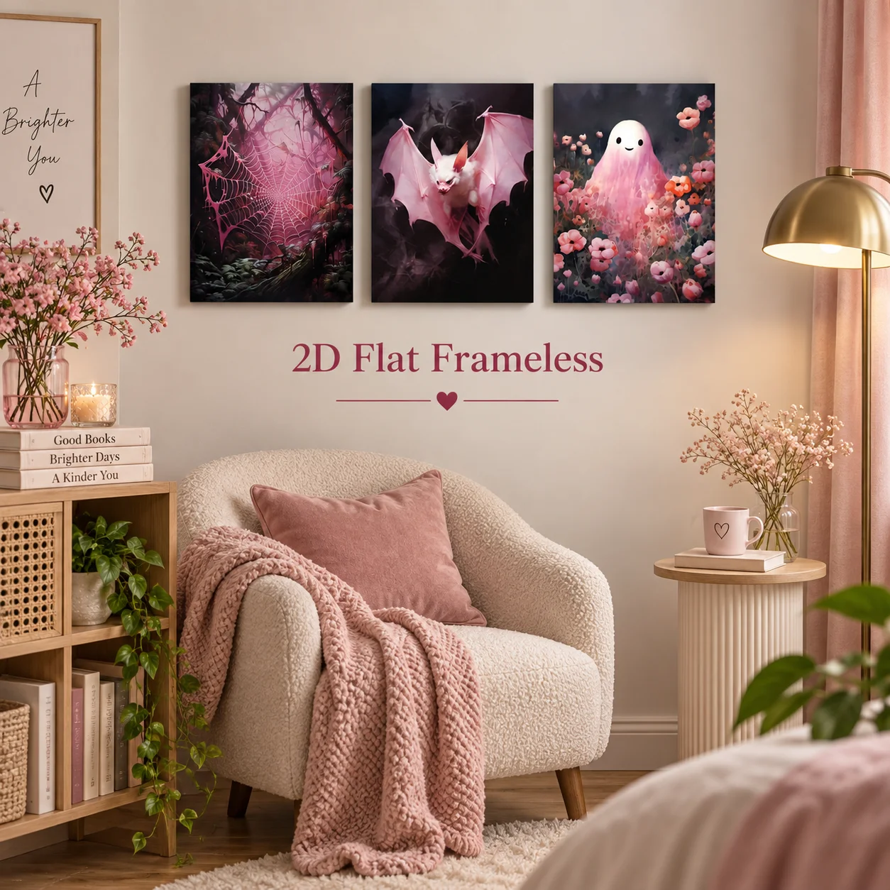 3 pink bat horror ghost spider web art canvas posters, suitable for Halloween, Christmas, winter, and summer indoor decoration 2