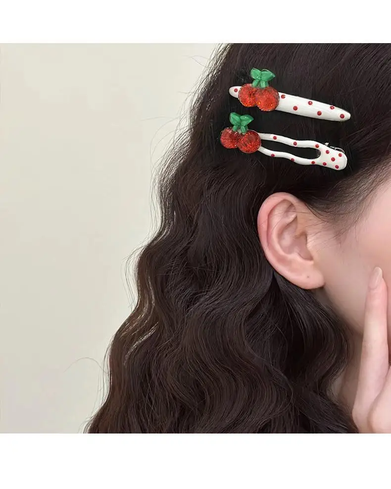 

Cute red cherry hollow hairpin female 2025 new exquisite broken hair bangs clip side duck bill clip