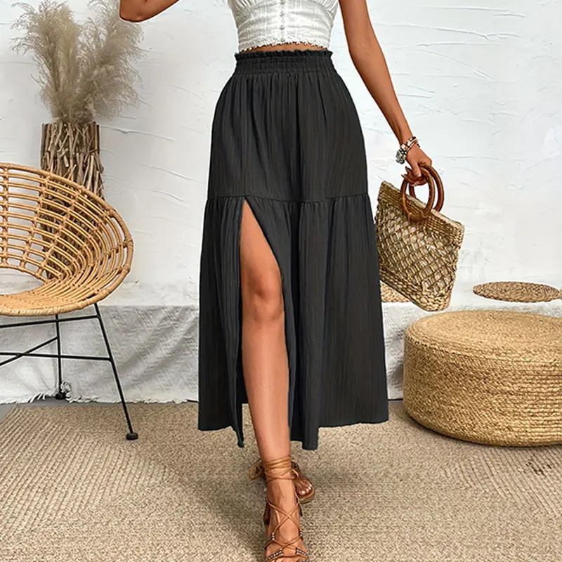 Nowa spódnica damska Moda Bohemian Midi Spódnica Wysoka talia Solidna spódnica z falbanką Casualowe rozcięcia z boku Spódnice plażowe 3 kolory Skort
