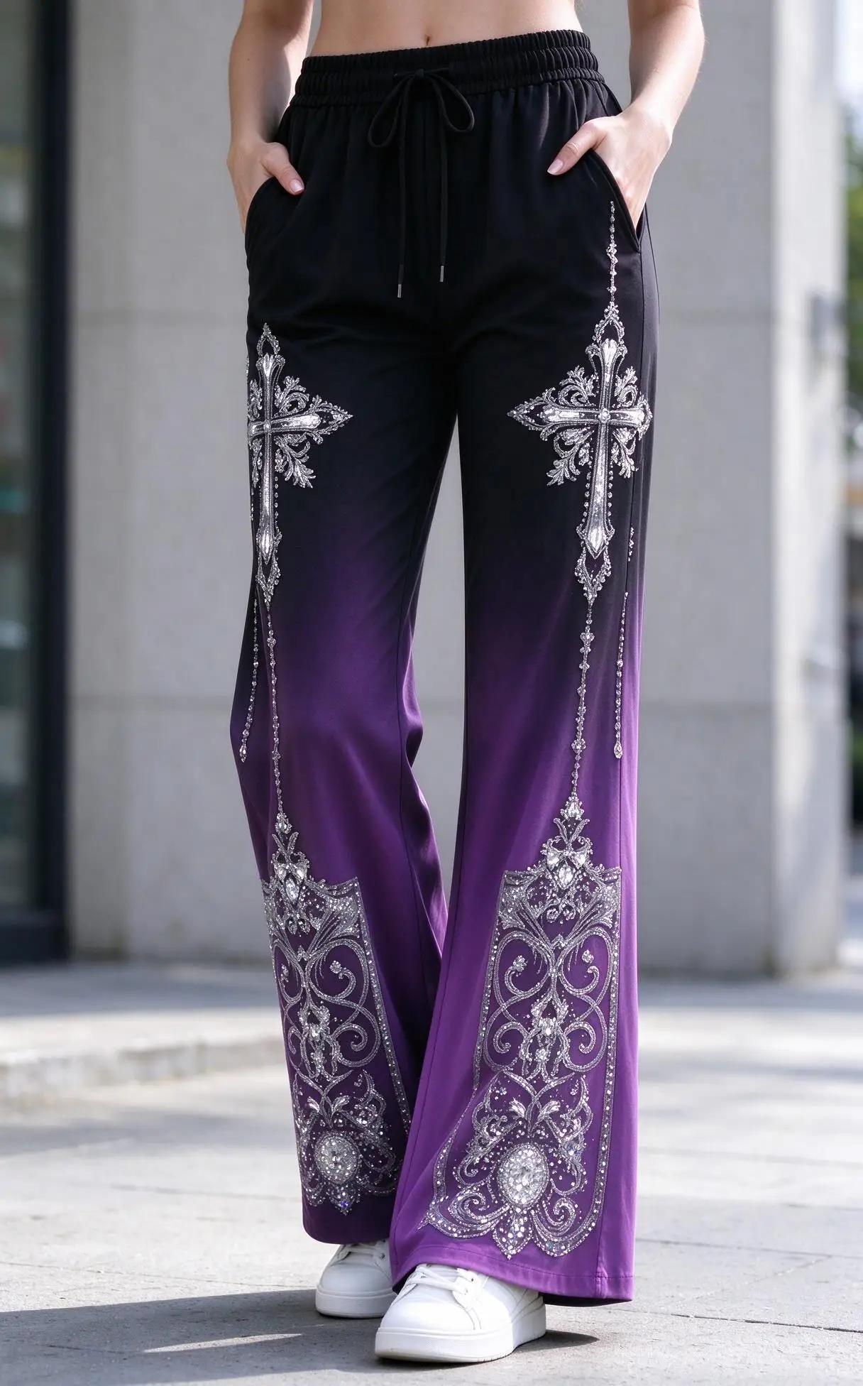 Women Black Purple Gradient Vintage Cross Floral Print Flared Drawstring Casual Pants