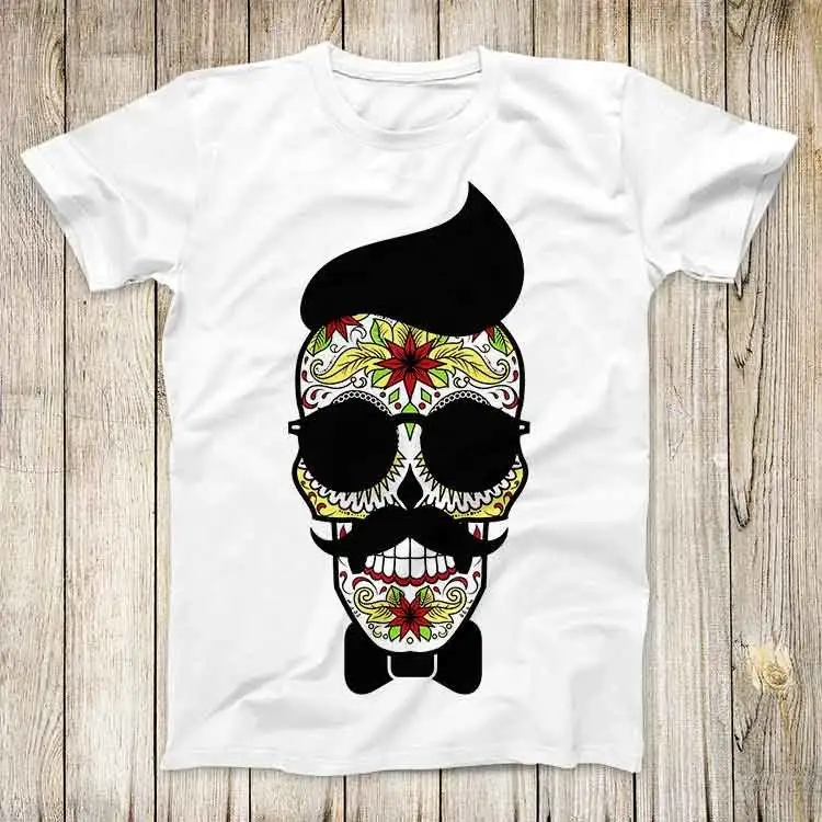 Hipster Sugar Skull Gay Mustache Sun Glass Top Tee Best Cute Gift Men Women Unisex Retro Style T Shirt 3151