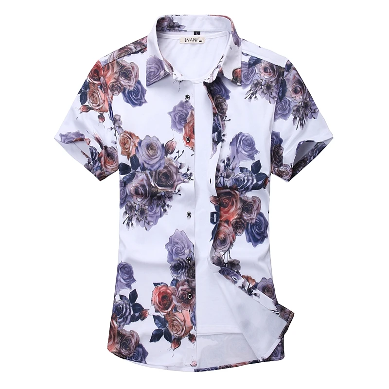 10 Different Printed Short-sleeve Shirts Men\'s, Single Breasted Lapel Stretch Shirt, Summer New Men Rose Shirt Camisa