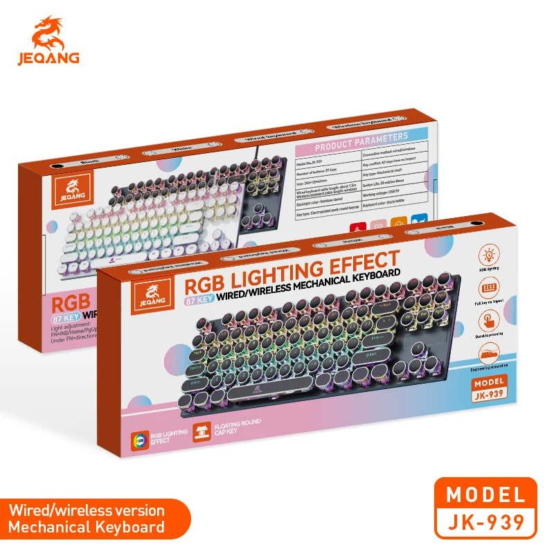 JEQANG JK-939 لوحة المفاتيح الميكانيكية السلكية الخلفية ABS لونين حقن صب تعليق غطاء مفتاح لوحة المفاتيح