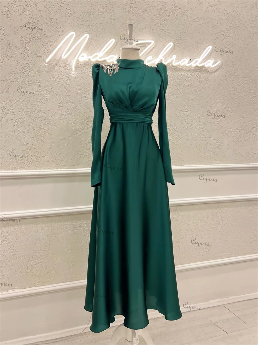 Ciynsia Abendkleider Elegant A-Line Long Sleeve Formal Dress Abiye Elbise High Neck Satin Ankle-Length Dubai Evening Gown 2024