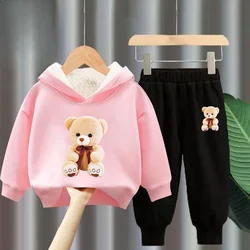 winter Boys Clothes plush warm long sleeve& trousers 2 Pieces Set Teenage Girls & Boys Printed bear hoodies Fashion Casual Top &