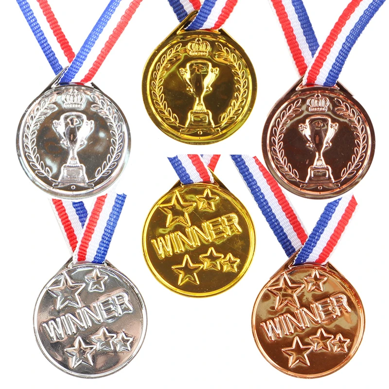 10pcs Kids Children Fake Gold Plastic Winners Medals Sports Game Prize Awards Toys for Kids Party Movie Prop Glittering Medal