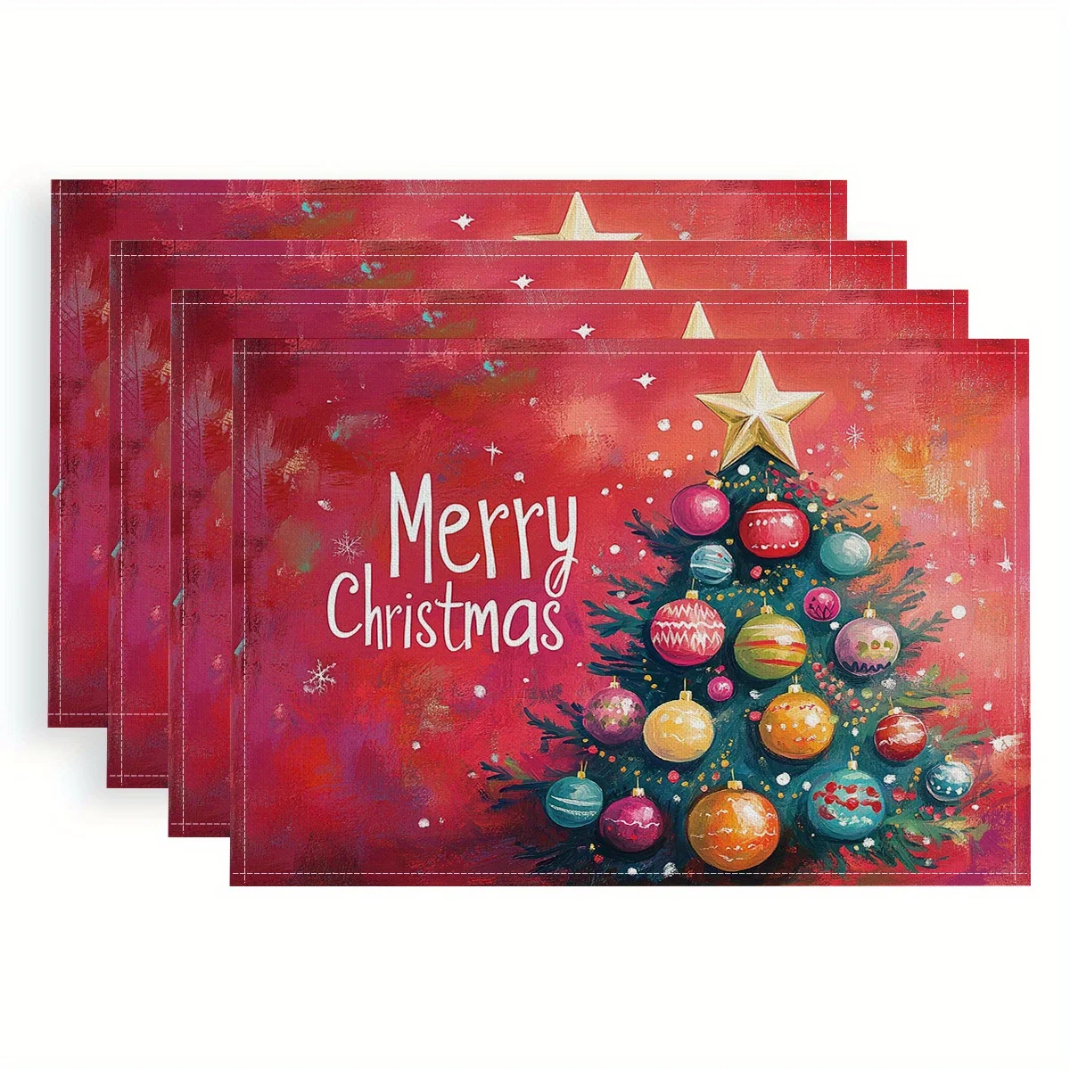4pcs Festive Christmas Placemats Polyester, Digital Print, 18x12 Inches, Hand Wash Only Featuring Colorful Ornaments