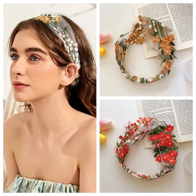 Elegant Lace Headband for Women Fashion Embroidery Elastic Ribbon Hair Hoops Non-slip Hair Band Bridal Headwear Hair Accessories