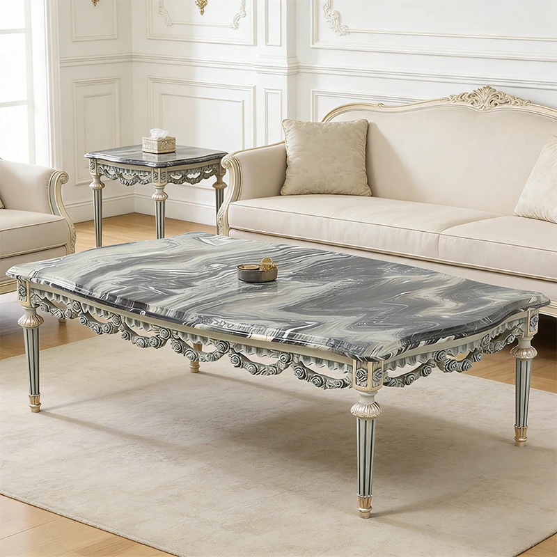 !@French Exquisite Hand-Carved Floral Motifs Solid Wood Living Room Center Table Antique Luxury Marble Coffee Table Rectangular