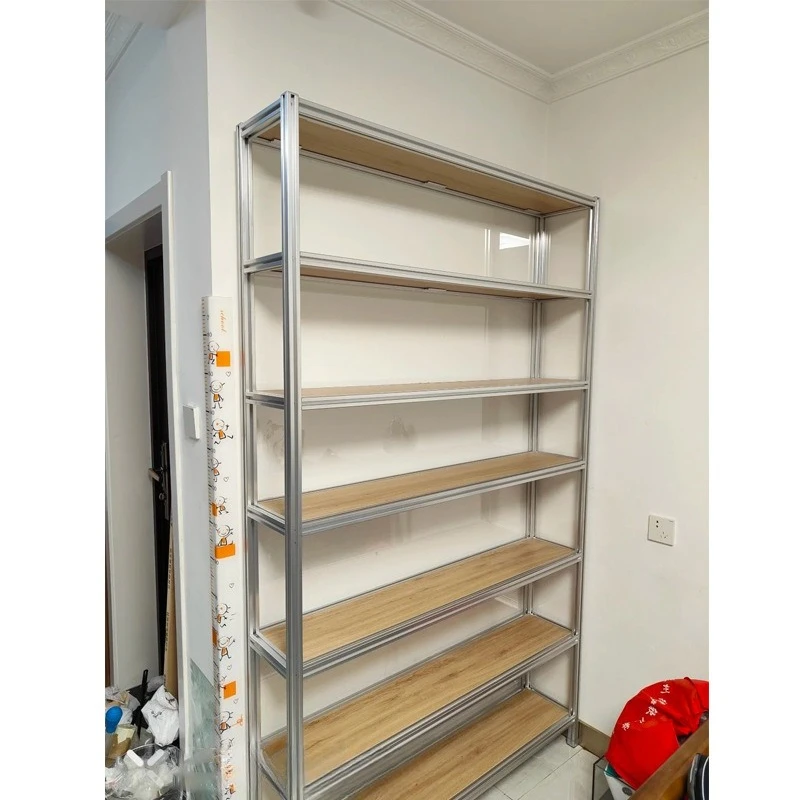 Simple shelf aluminum profile light luxury multi-layer living room storage bookshelf floor display rack sundries display cabinet