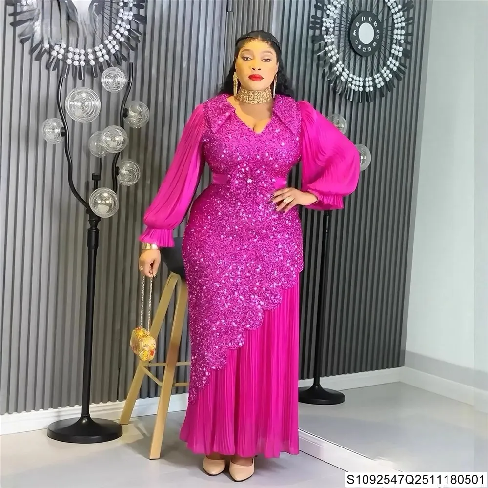 

African Plus-size Women's V-neck Long-sleeved Slimming Figure-hugging Dress, Elegant Evening Dress for Parties S1092547Q25111805