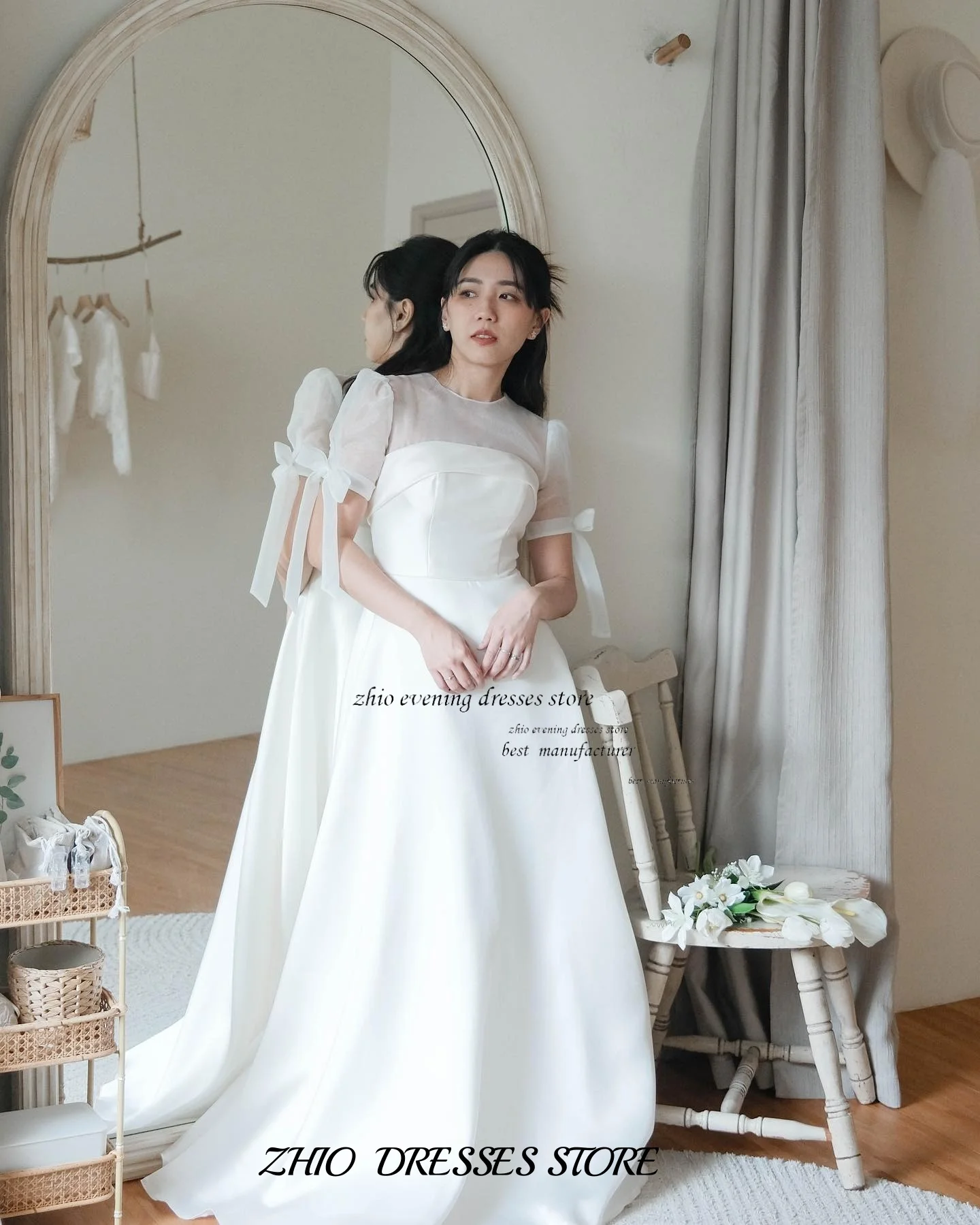 ZHIO Elegant O Neck Puff Sleeve Long Wedding Dress A Line Korean Style Custom Ivory Bridal Gown Simple Photoshoot