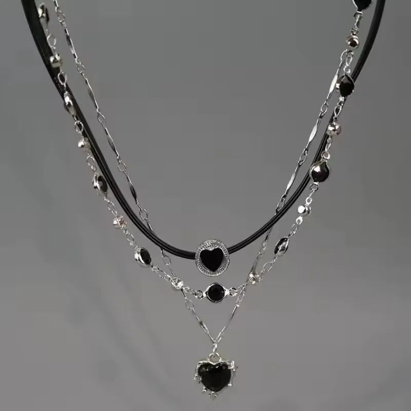 فاسق القوطية Y2k الجرونج متعدد الطبقات الأسود القلب قلادة المختنق سلسلة الترقوة قلادة مجموعة النساء الجمالية مجوهرات EMO اكسسوارات #1