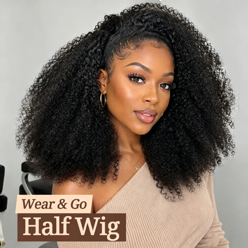 Kinky Curly Half Wig Human Hair Beginners Friendly 200% Density Machine Made Burmese Curly Half Wig For Women Natural Color Wear & Go Drawstring Wig