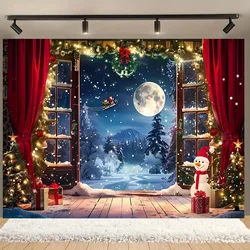 Christmas Winter Wonderland Background Cloth - Christmas Tree, Santa Claus, Snow and Moon Night Scene Photography Banner