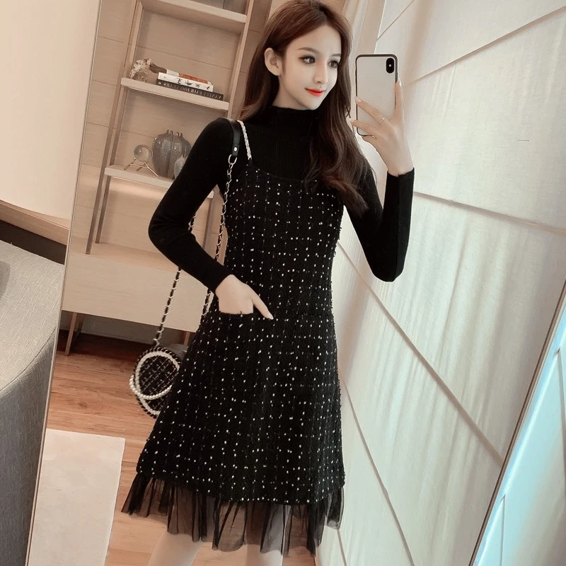 

Осень и зима во французском стиле, новая нежная базовая рубашка, сетчатое шерстяное платье на подтяжках, темпераментный комплект из двух предметов для поездок на работу