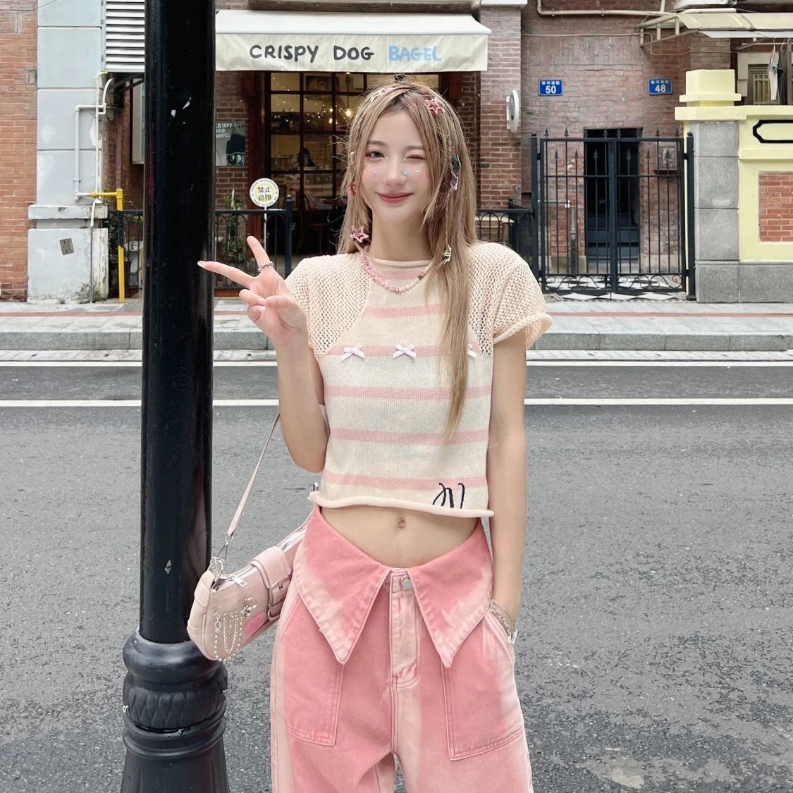 Cropped Sweaters Women Y2k Sweet Striped Panelled Criss-cross Tender Trendy Stylish Aesthetic Lounge Japanese Style Harajuku