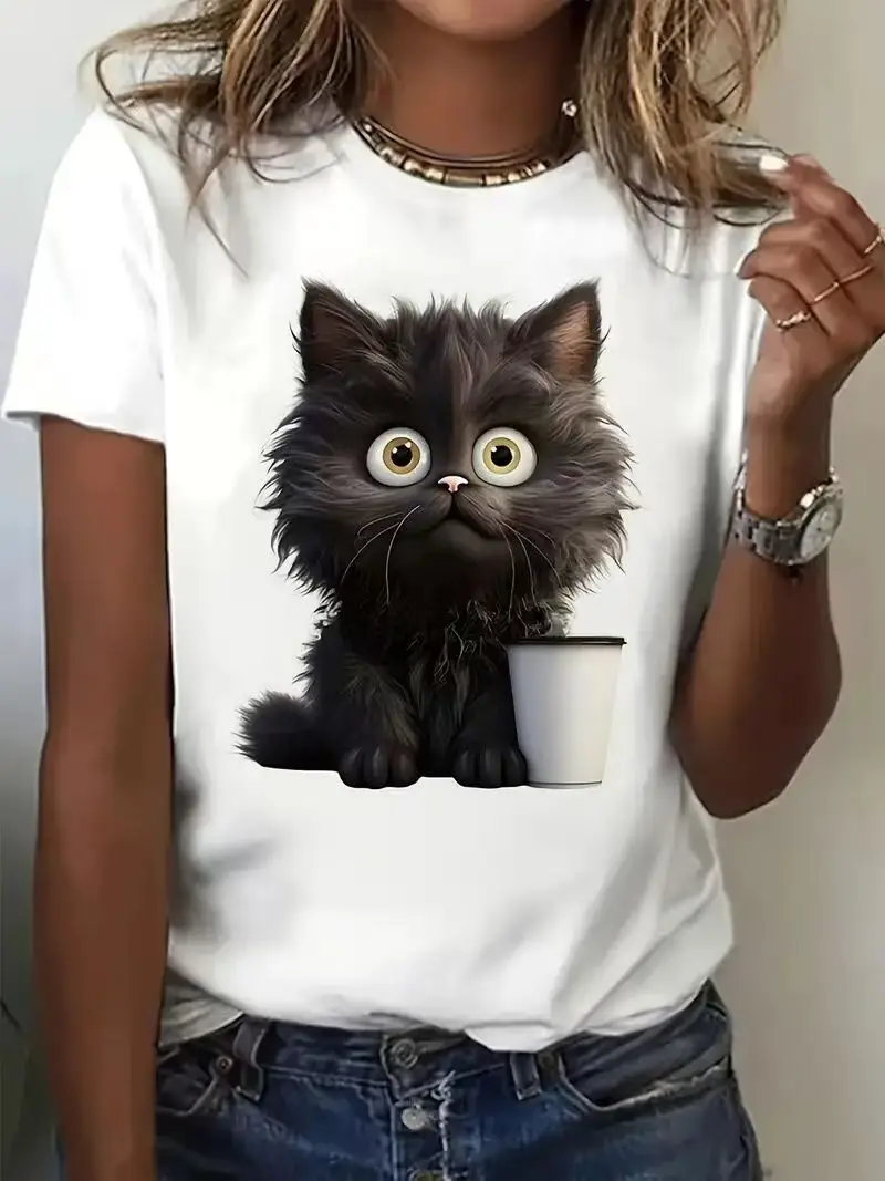 

Женская летняя белая футболка с забавным котом и принтом, повседневный топ с короткими рукавами и круглым вырезом для девочек, летняя женская одежда с животными