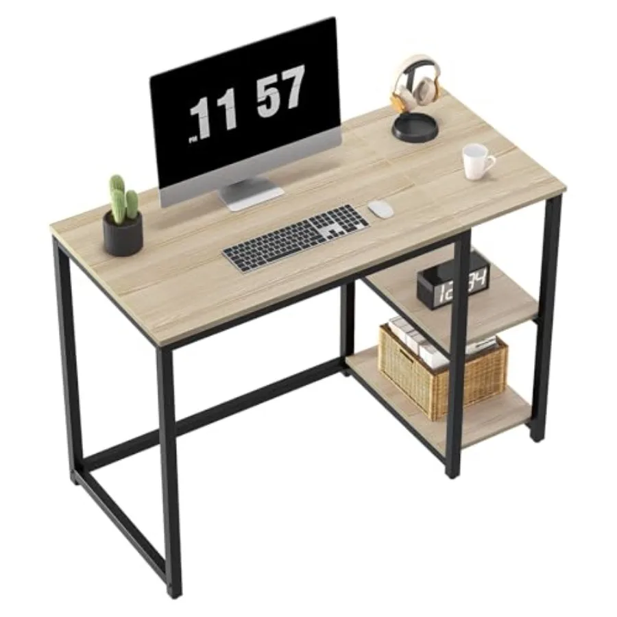 40'' Computer Desk with Shelves Sturdy Light Wood Desks with Storage Space Modern Gaming Desk Study Writing Laptop Table Beige