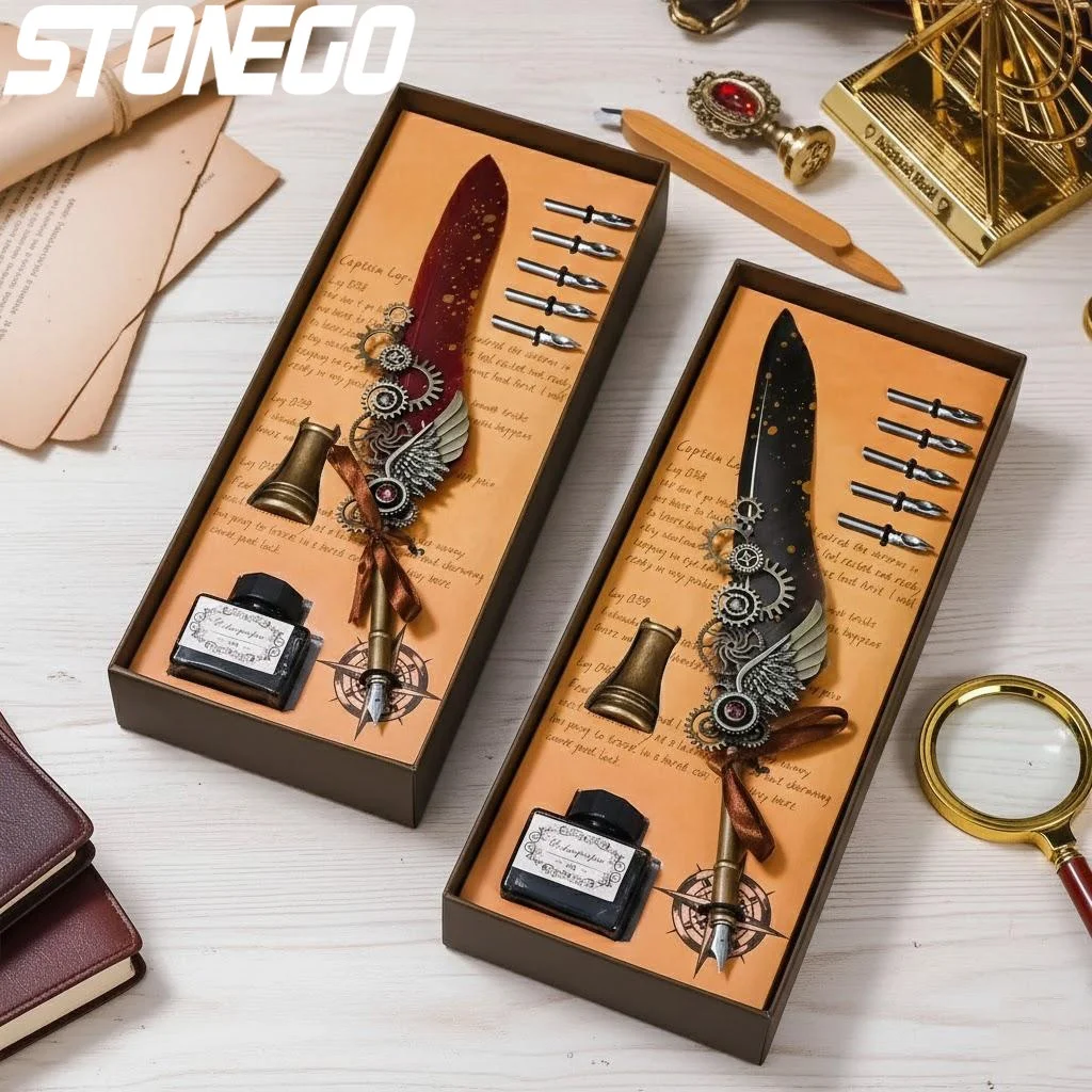 

Vintage Wing Design Dip Pen Set Stand Feather Calligraphy Art Signature Craft 15ml Ink Bottle
