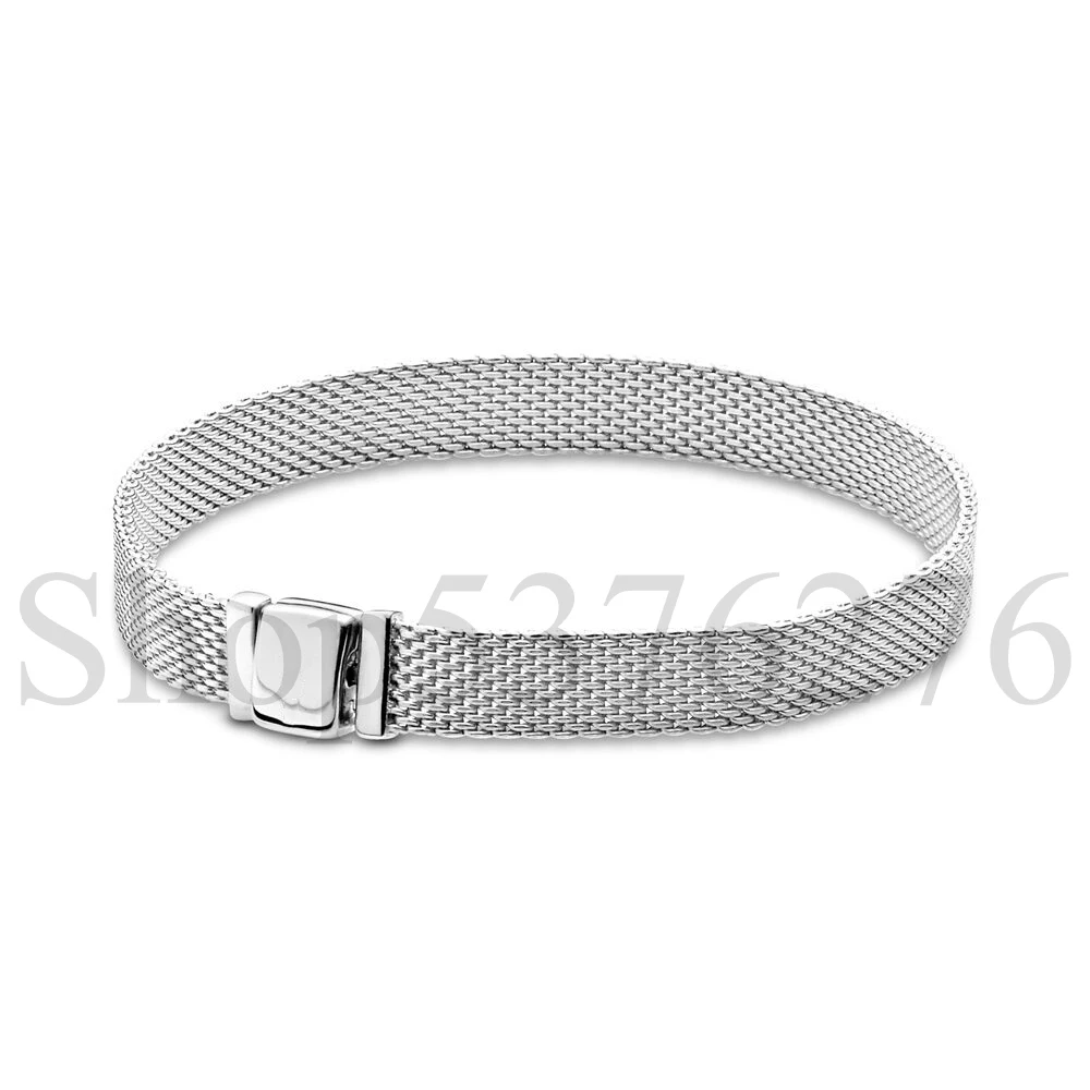 925 Sterling Silver Reflexions Sparkling Long Pave Clasp Fashion Mesh Bracelet Fit Women Reflexions Clip Charm Gift DIY Jewelry