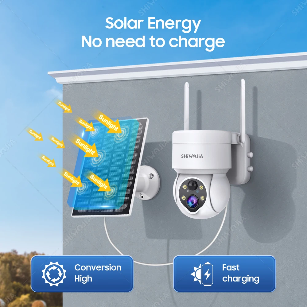 SHIWOJIA Solar Camera Outdoor Wireless Wifi 3MP Mini Security Protection Solar Panel Surveillance Two Way Audio PIR Detect CCTV