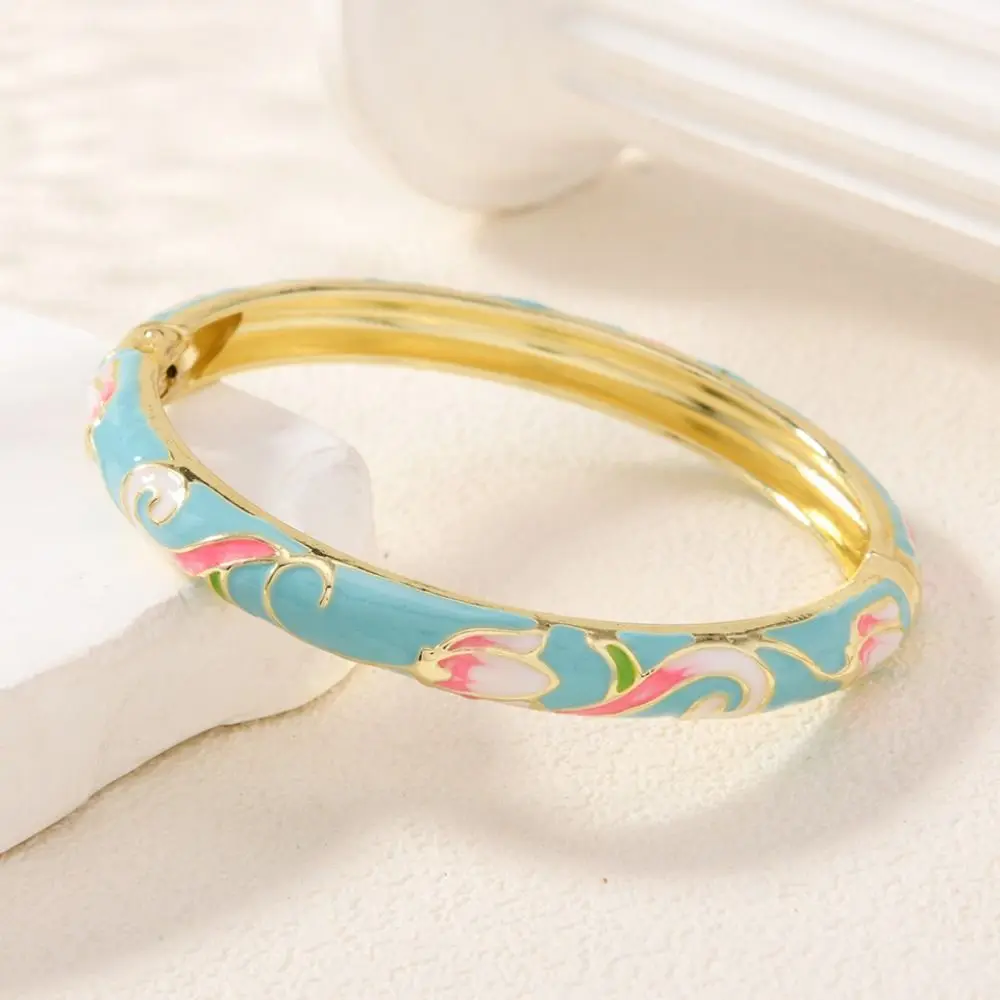 Classic Enamel Chinese Cloisonne Bracelet Open Traditional Lotus Flower Bangle Vintage Ethnic Cheongsam Bracelet Lady