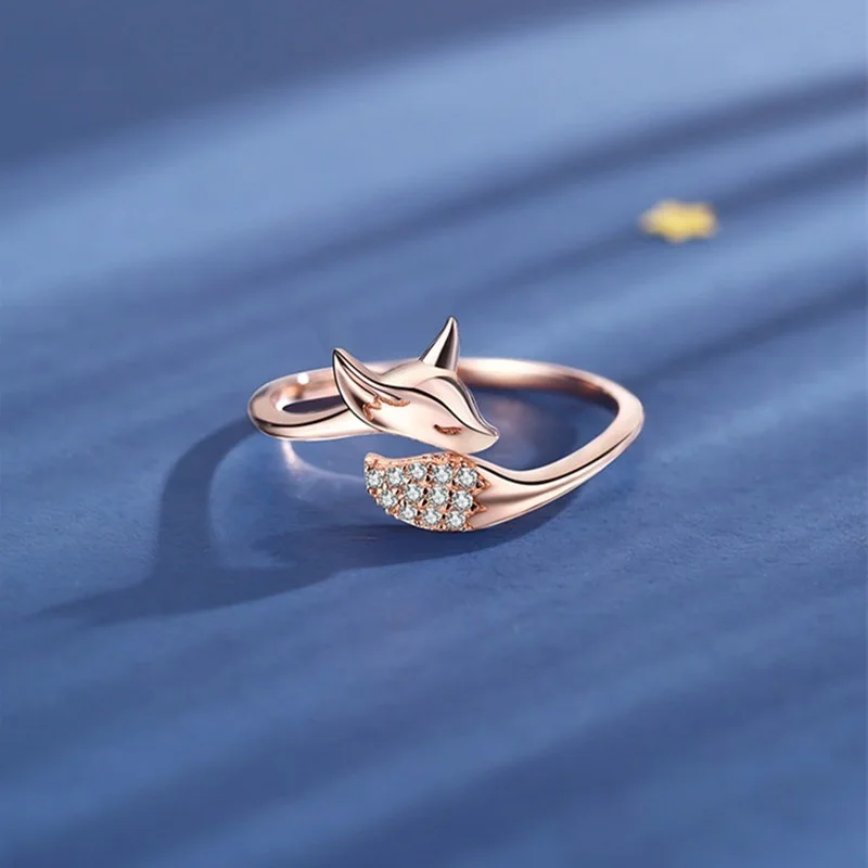 New Cute Rose Gold Micro Diamond Fox Ring Shaped Animal Ring Gift for Women