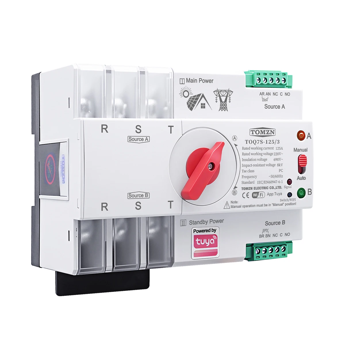 TOMZN Tuya WiFi Smart Dual-Power Automatischer Transferschalter 63A 100A 125A 2P 3P 4P Unterbrechungsfreier ATS SmartLife App Fernbedienung