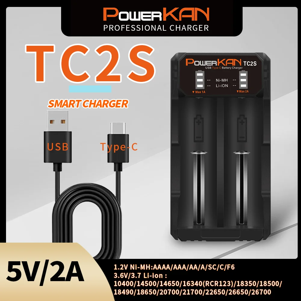 POWERKAN TC2S 2 Slot Rechargeable Battery Charger 18650 Fast Charging Type C for A/AA/AAA/AAAA/SC/C/F6 Ni-MH and Li ion Batteres