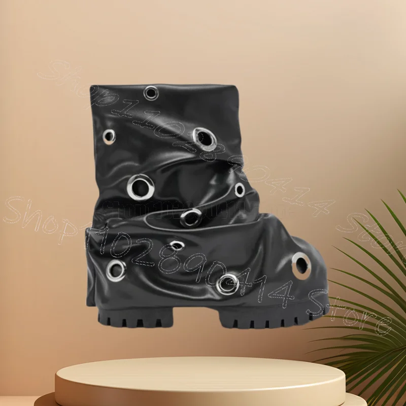 Círculo de metal preto plissado design plataforma botas deslizamento em sapatos femininos grossos saltos altos nova festa namoro 2025 zapatos para mujere