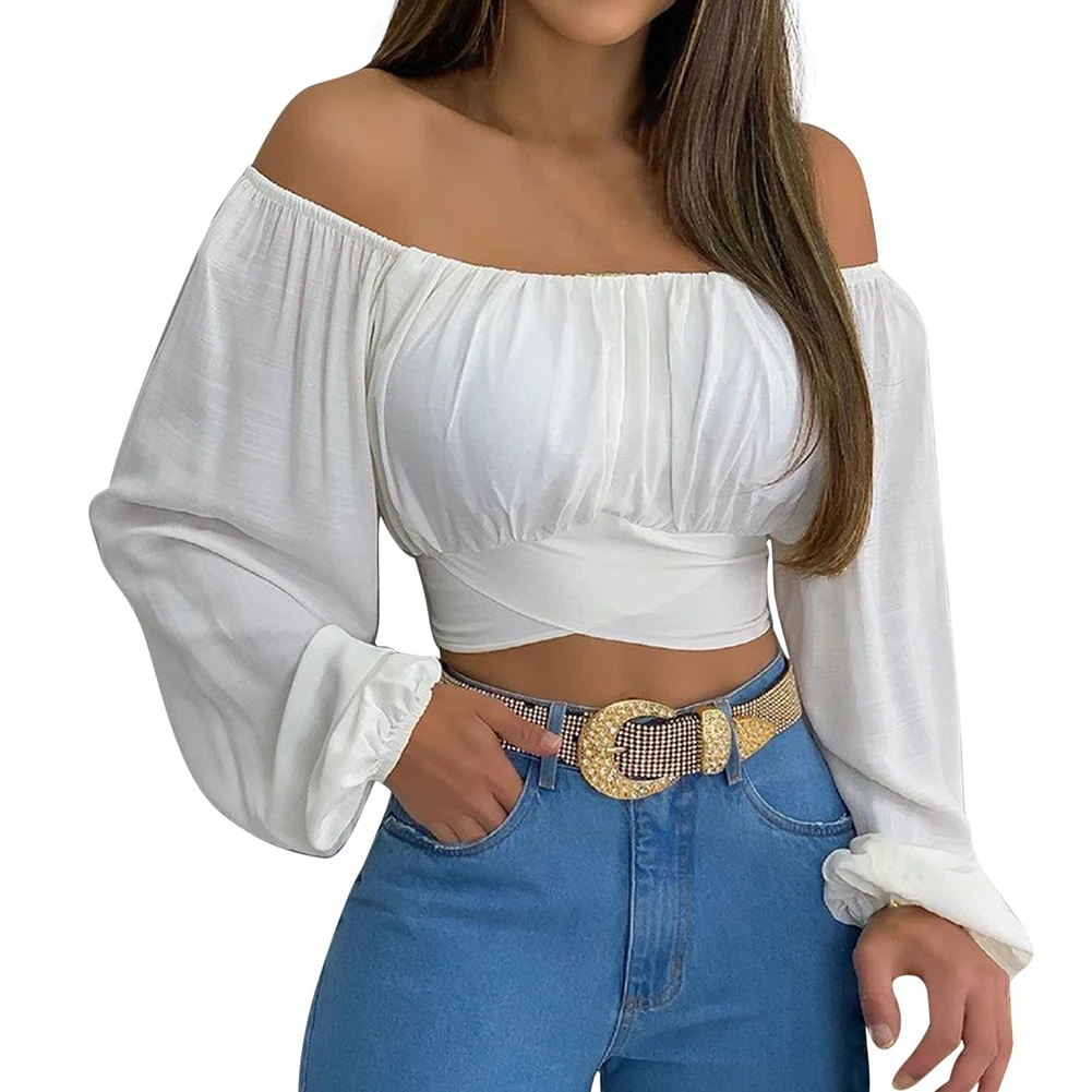 

Women Sexy Off Shoulder Printing Blouses And Elegant Lantern Long Sleeve Lace Up Bow Cropped Tops Casual Slim Shirts 2023