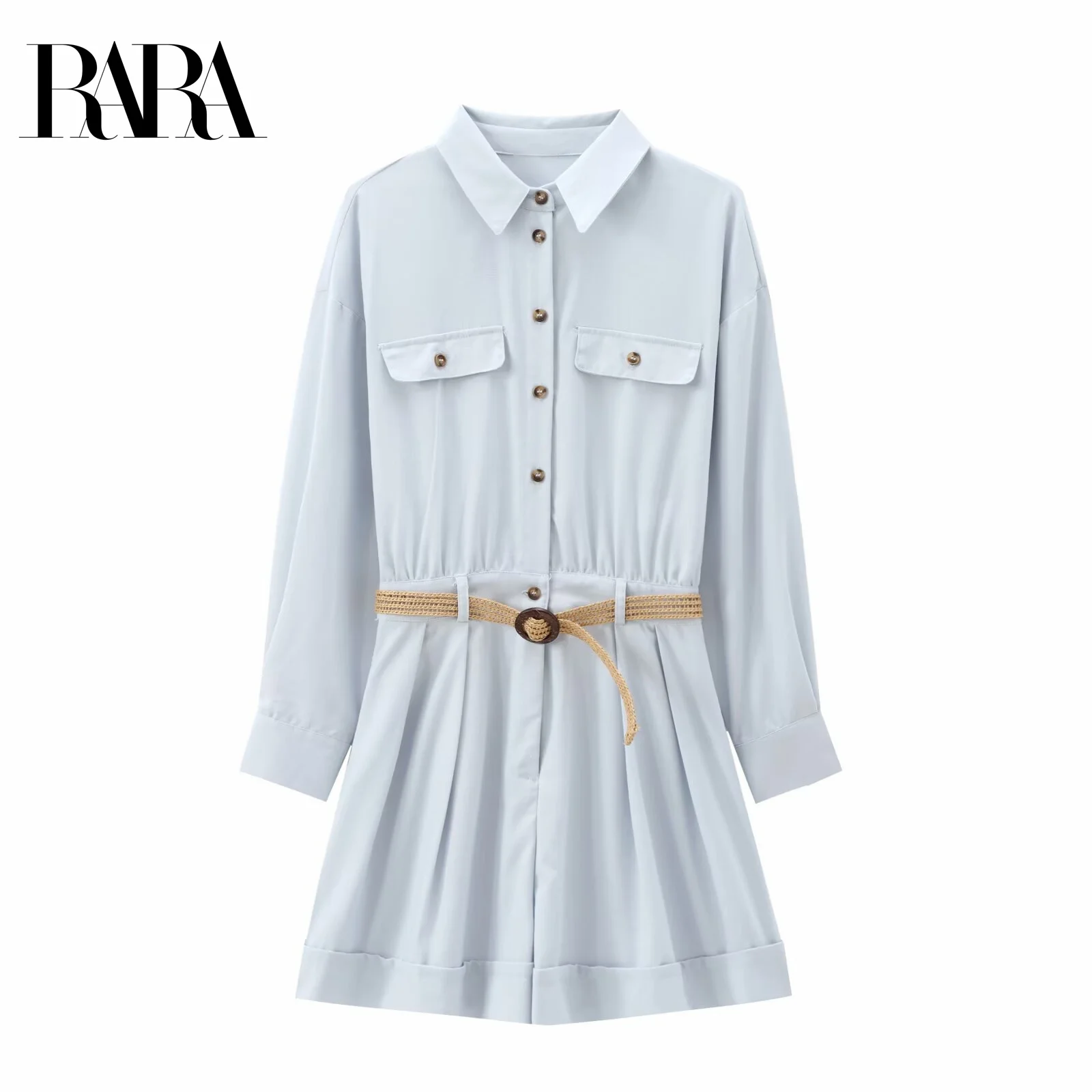 

RARA2025 Womens Summer New Style Belt Decor Casual Fashion Minimalist Lapel Long Sleeve Shirt Style Jumpsuit Shorts