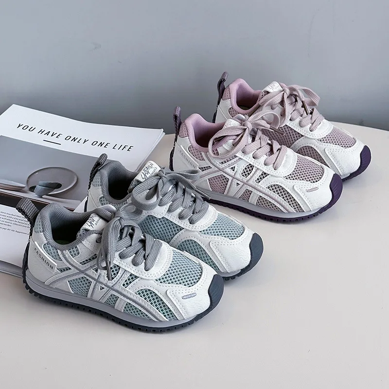 Kids'Casual Shoes Low-Cut Shoes Spring Shoes PU Leather Mesh For Girls Anti-slip Breathable Grey Pink Shoes Size 26-37