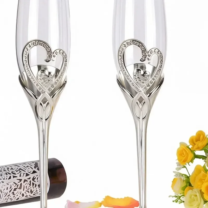 Luxury Silver Plated Champagne Flutes with Diamond Accents Elegant Wedding Toasting Glasses Pair for Bride and Groom Gift Set