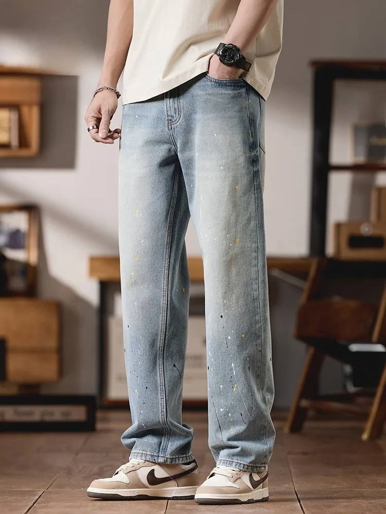 

Американские повседневные джинсы с брызгами краски, весенние популярные свободные прямые антибактериальные молодежные джинсы S