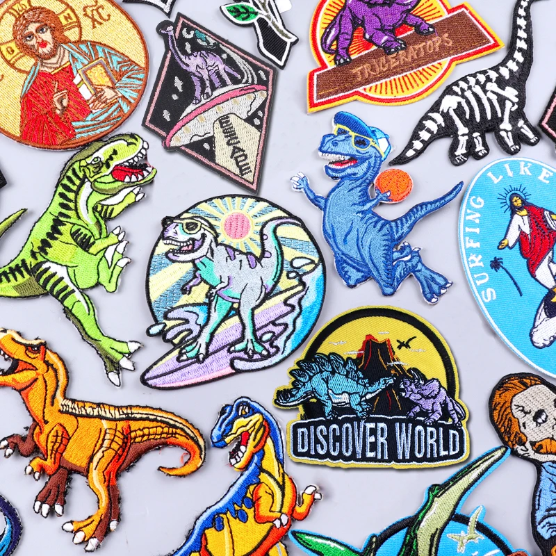 Funny Dinosaur Patch Jesus Cross Embroidered Patches For Clothing Stripe Iron on Patches For Clothes Animal Badge Patch Stickers